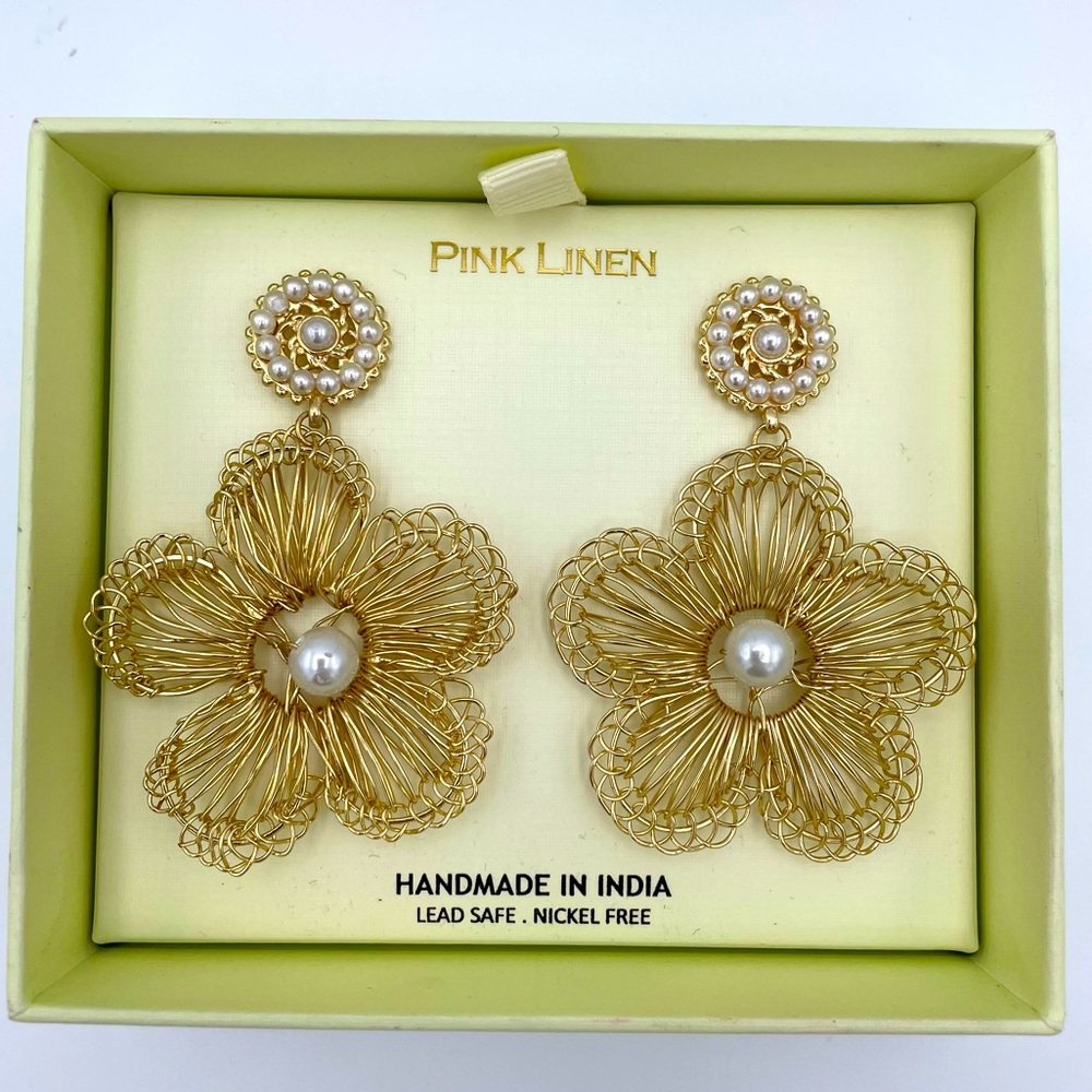 Pink Linen Gold with Pearl Flower Drop Earrings NIB